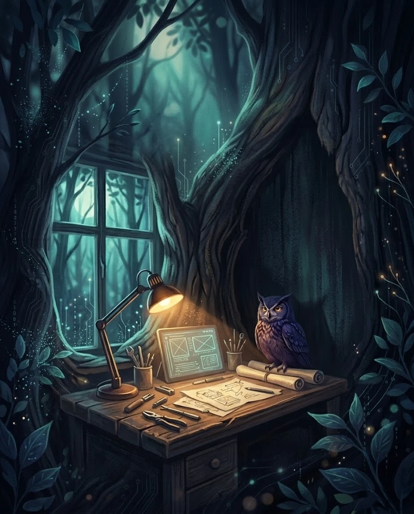 A lone owl keeping watch over a craftsman's lamplit desk in a digital forest