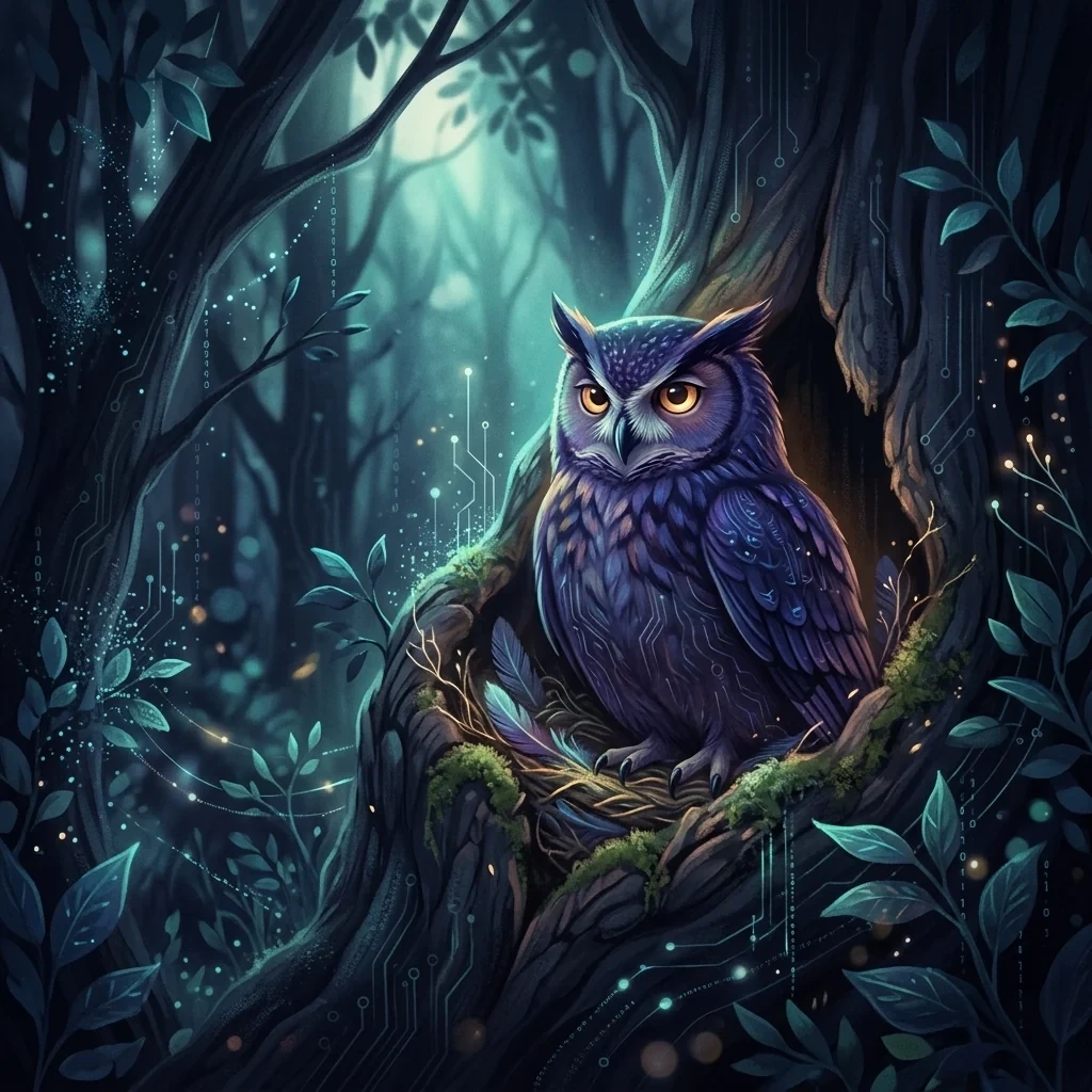 The Shadeholt owl nesting in a tree hollow within a glowing digital forest